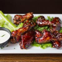 Wings · 8 meaty, seasoned chicken wings tossed in choice of sauce. Served with celery and ranch.