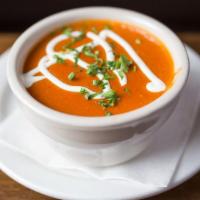 Tomato Fennel Soup · Homemade cream of tomato with a hint of fennel and sour cream. Vegetarian.