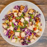 Chopped Salad · Grilled chicken, romaine, iceberg, red cabbage, tomato, green onion, crumbled bacon, bleu ch...