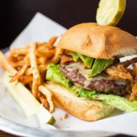 Flagship Burger · 8 oz. burger topped with Applewood smoked bacon, white cheddar cheese, avocado, crispy onion...