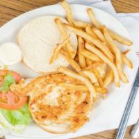 Grilled Chicken Sandwich · Served with lettuce, tomato and mayo on a hamburger bun.