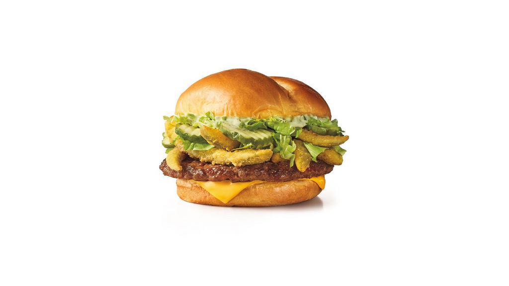 Big Dill Cheeseburger · Crispy pickle fries, a creamy dilly ranch, shredded lettuce, crisp pickle slices, and melty American cheese layered on a 100% pure beef burger on a toasted bun.
