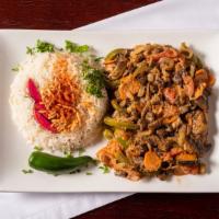 Ghallaba · Chicken, lamb sauteed with vegetables, herbs, and our house spices. Served with rice or frie...