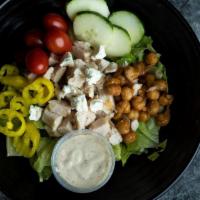 Ce Chopped Salad · Chicken, romaine, goat cheese crumbles, cherry tomatoes, cucumber, banana peppers, & roasted...