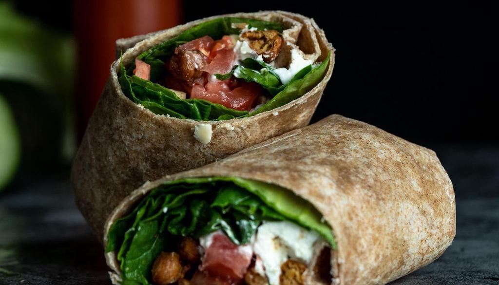 O.A.T. Wrap · Goat cheese, spinach, tomato, zucchini, roasted chickpeas, & CE Sweet Chili Sauce in a garlic herb wrap (CALS 456)