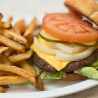 Cheeseburger · Most popular. Lettuce, tomato, onion, pickles, ketchup, mayo & American cheese on a toasted ...