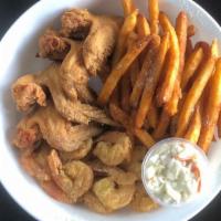 4 Pieces Wings & 8 Pieces Large Shrimp · Served with fries bread and drink.