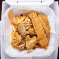 4 Pc Wings & 3 Pc Perch Combo · Served with fries bread and drink.