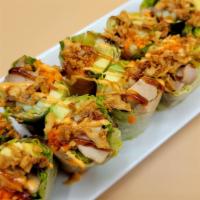 Chicken Teriyaki Spring Roll · Rice paper, teriyaki chicken, avocado, cucumber, carrot and lettuce. top spicy myo, teriyaki...