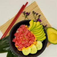 Spicy Tuna Poke Bowl · Sushi rice, tuna, avocado, cucumber, corn, spicy mayonnaise & unagi sauce.