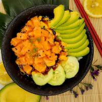 Spicy Salmon Poke Bowl · Sushi rice, antibiotics free salmon, avocado, cucumber, corn, spicy mayonnaise & unagi sauce.