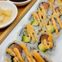Spicy Salmon Raw Roll · Antibiotics free salmon, avocado &cucumber with spicy mayonnaise. Include: natural ginger, n...