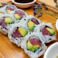 Tuna Avocado Roll · Tuna and avocado. Include: natural ginger, natural wasabi and soy sauce. 10 pieces.