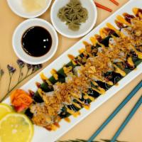 Crunchy Spicy Salmon Cooked Roll · Oven - roasted salmon, cucumber, onion crunchy, spicy mayonnaise and unagi sauce. Include: n...