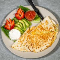 Maxfields Quesadilla · Two Eggs, Cheddar and Jack Cheese, Green Peppers, Onions, and Tomatoes
Served with Hash Brow...