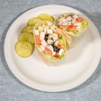 Mediterranean Wrap · Grilled Chicken, Cucumbers, Tomatoes, Kalamata Olives, Shredded Lettuce and Feta Cheese.
