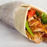 Chicken Shawarma Wrap · A flour tortilla with chargrilled shawarma style boneless chicken thighs, diced tomatoes, di...