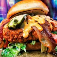 Flamme Fried Chicken · Buttermilk Breaded Fried Chicken Breast, Applewood Smoked Bacon, Jalapeno Jack Cheese, Pickl...