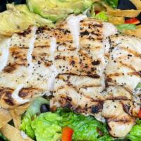 Southwest Chicken Salad · Romaine Lettuce tossed with Grilled Chicken, Black Beans, Roasted Red Peppers, Avocado, and ...