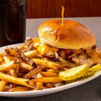 The Hooper Burger · Loaded with sautéed onions and mushrooms, bacon, cheddar cheese, and our own special hooper'...