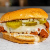 Buffalo Chicken Sandwich · Ranch, pickles, lettuce onions, buffalo sauce and Mozzarella.