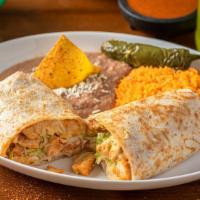 Chicken (Pollo )Burrito · Served with lettuce, tomato, avocado, beans, cheese and sour cream. With choice of your meat.