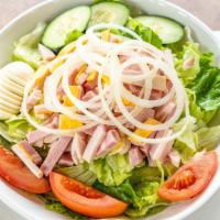 Chef Salad · Sliced turkey, ham, American cheese, Swiss cheese, lettuce, tomatoes, onions and Cucumber (w...