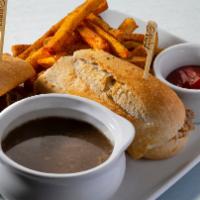 Prime French Dip* · toasted french bread with au jus & creamy horseradish, served with hand-cut french fries. 15...
