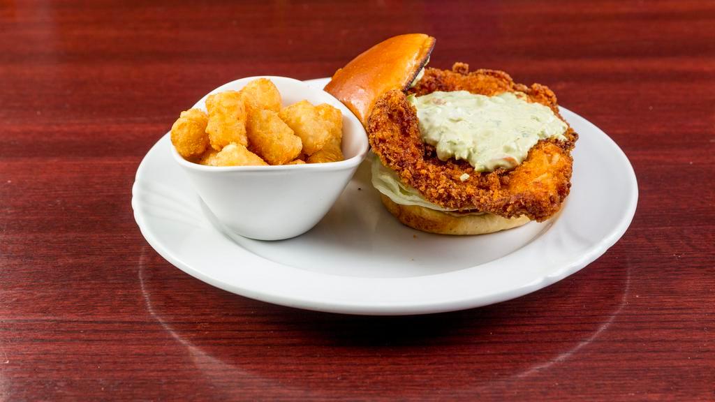 Crispy Chicken Sandwich · Breaded and fried chicken breast topped with our house avocado ranch, lettuce, and tomato. Served on a brioche bun.