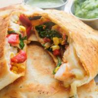 Epic Quesadilla (Shrimp) · Loaded with seasoned shrimp, onion, peppers, and cheese. Served with avocado cream and salsa.