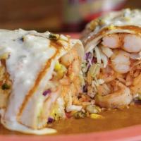 Shrimp Burrito · The original chipotle shrimp, citrus slaw, corn salsa, pico de gallo, rice, cilantro, chipot...