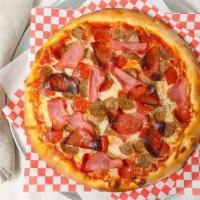 Meat Lovers · Dough, tomato sauce,cooked ham, cheese, mushrooms, bacon, Canadian bacon, and pepperoni.