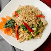 Basil Fried Rice · Spicy fried rice with meat, green, bean, onion, bell pepper and basil.