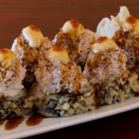 Volcano Roll · Crab meat, cream cheese, shrimp, crab stick topped with crab salad, mayo, eel sauce, hot sau...