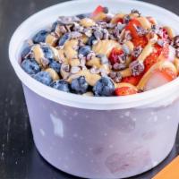 Pb Acai Blast Bowl · Acai, apple juice, peanut butter, full banana blended and topped with fresh strawberries, bl...
