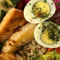 Power Bowl · Mixed-grilled seafood (shrimp, salmon, cobia), piled on seasoned brown rice, fresh salad, gu...
