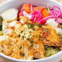 Grilled Fish Bowl · Your choice of daily fish, on a bed of hand picked salad and rice, seasoned with herb rice s...