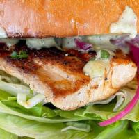 Blackened Grouper Sandwich · Blackened grouper with lettuce, tomato, cabbage, pickled onion, jersey sauce