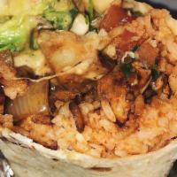 Smothered Burrito · Fillet with your choice of meat, rice, beans and cheese, topped with spicy green sauce, melt...