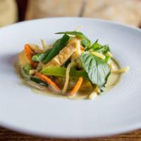 Green Curry · Spicy. Bell pepper, green bean, carrot, bamboo shoot, coconut milk and sweet basil. Served w...