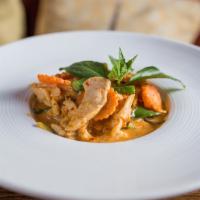 Red Curry · Spicy. Bell pepper, green bean, carrot, bamboo shoot, coconut milk and sweet basil. Served w...
