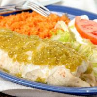 Burrito Verde · A grande burrito filled with grilled chicken, onion, tomatoes and peppers, covered with chee...