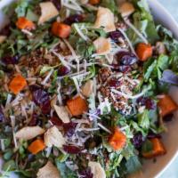 Harvest Kale · Baby kale, quinoa, sweet potatoes, parmesan, dried cranberries, sunflower seeds, and pita ch...