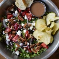 Bluegrass Blackberry · Spring mix, red onion, crumbled feta, strawberries, apple chips, and knights' pecans with bl...