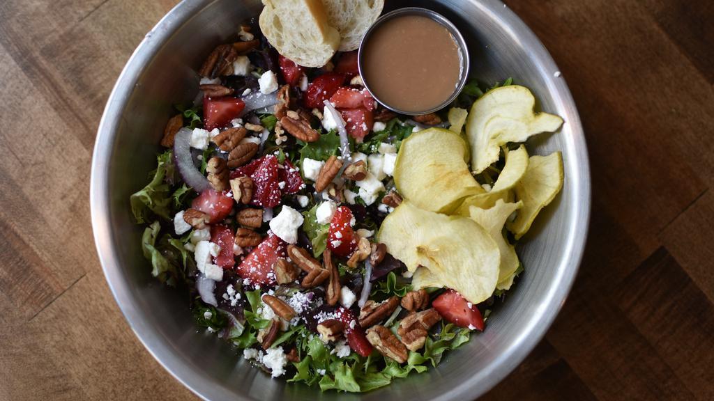 Bluegrass Blackberry · Spring mix, red onion, crumbled feta, strawberries, apple chips, and knights' pecans with blackberry sorghum vinaigrette.
