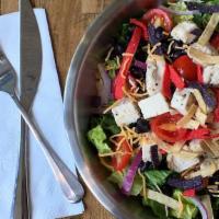 Chicken Taco · Romaine and iceberg mix, red onion, roasted chicken, cheddar, black beans, grape tomatoes, c...