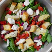 Tuscan · Baby spinach, red onion, mozzarella, artichoke hearts, roasted red peppers, kalamata olives,...
