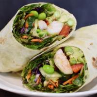 Maki Shrimp Wrap · Spring mix with chopped superfood, shrimp, avocado, cucumber, red peppers, edamame, and pick...