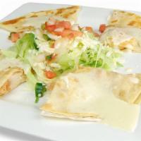 Quesadilla Chipotle · Two eight inches grilled flour tortillas stuffed with cheese and your choice of grilled chic...