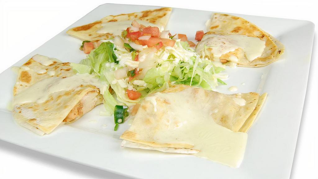 Quesadilla Chipotle · Two eight inches grilled flour tortillas stuffed with cheese and your choice of grilled chicken or Steak marinated with a special chipotle sauce. Served with a sour cream salad. Topped with chipotle dip.